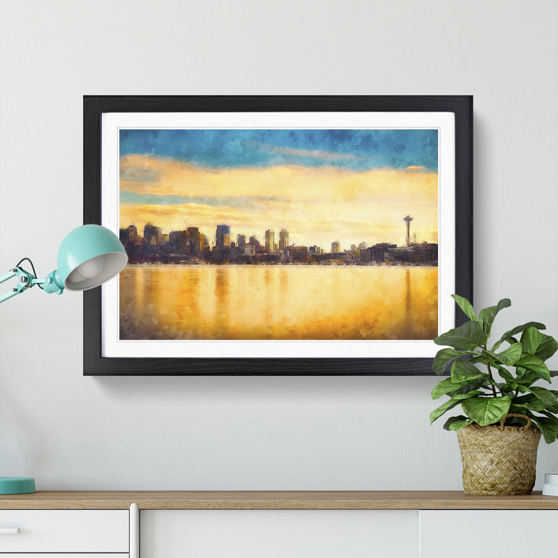 Reflection of the Seattle Skyline - Framed Print, 45cm H x 63cm W x 2cm D, Black Framed