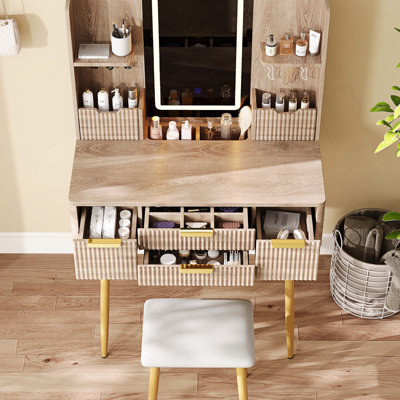 4-Drawer Vanity Desk with LED Mirror & Carved Details, Fluted Makeup Table with Metal Legs and PU Stool, Carved Dressing Table with Jewellery Storage for Bedroom