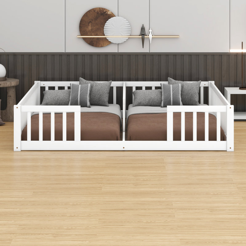 Double Twin Floor Bed With Fence And Guardrails, White