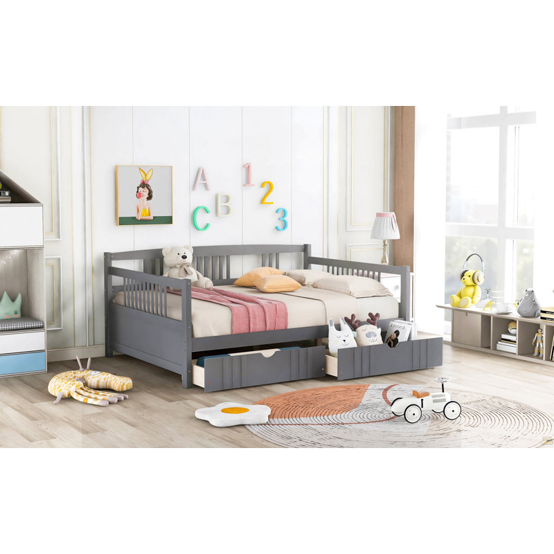 Lit de jour double en bois avec deux tiroirs, Gris, Full