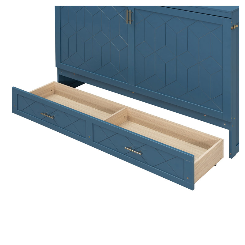 Grand lit escamotable mural avec tiroirs de rangement et ports de chargement USB, armoire pliante compacte bleu marine