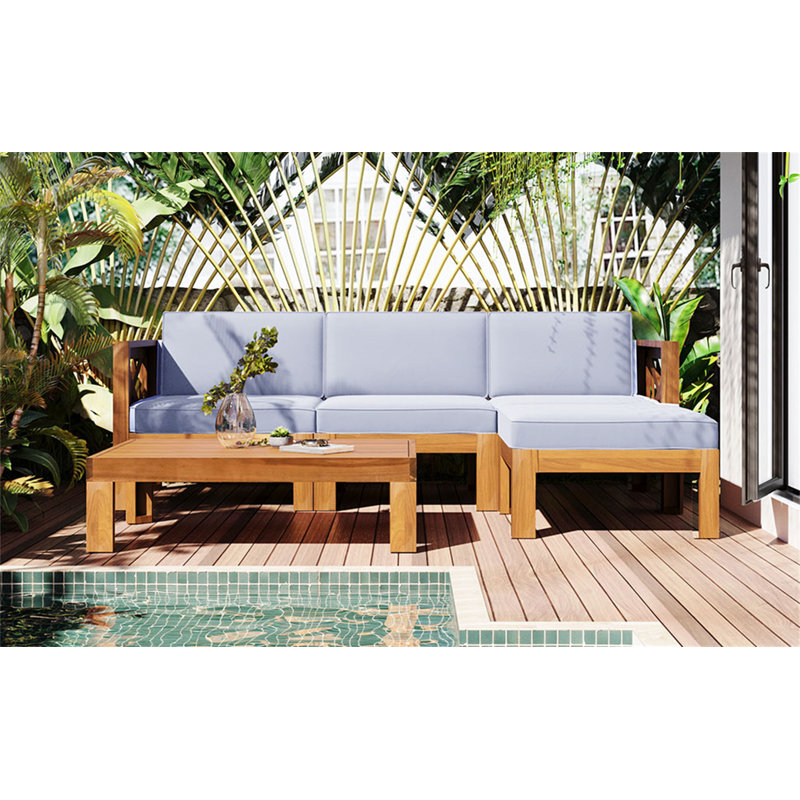 Outdoor Backyard Patio Wood 5-Piece Sectional Sofa Seating Group Set With Cushions