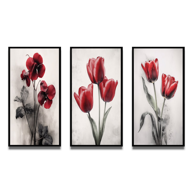 «Red Violets Dreamer», 3 pièces sur toile, Cadre flottant noir, H 40 po x l 60 po