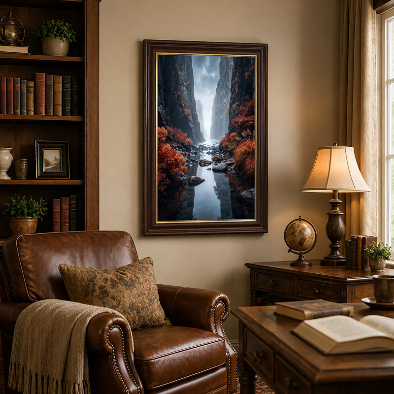 «Misty Canyon River with Red Autumn Leaves», art mural sur toile, 18"H x 12"W