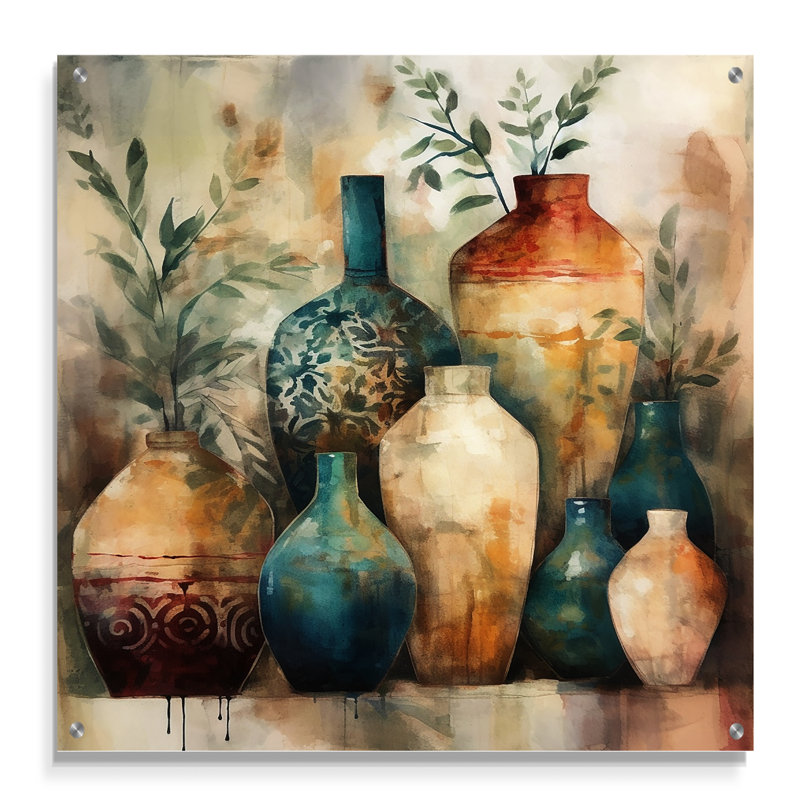 Art mural vert et orange Boho Pottery I - Boho Pottery, H 16 po x l 16 po