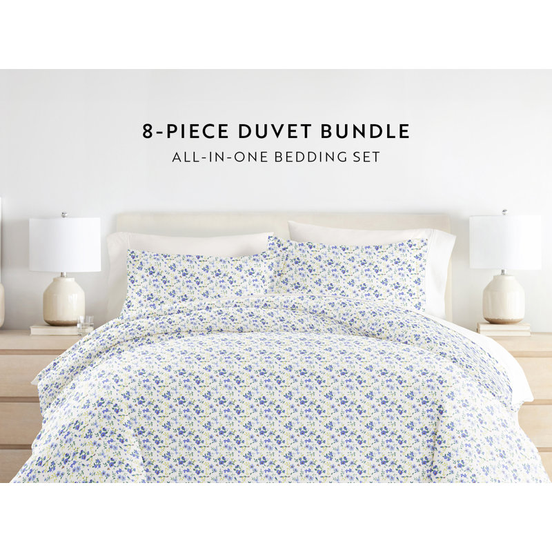 California King Blue Floral Polyester Bedding Bundle
