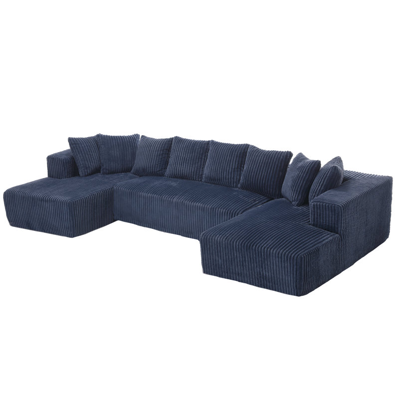 Boneless Modern Modular Oversized U-Shaped Sectional Sofa With 8 Pillows, Blue Corduroy