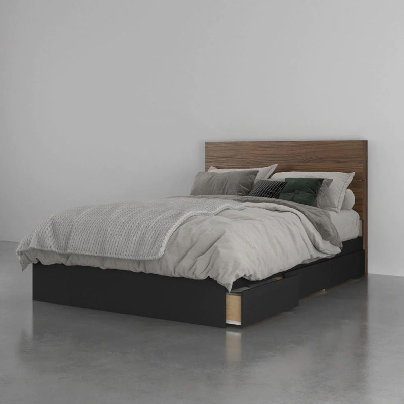 Lit plateforme avec rangement Bourquin, Noyer / Noir, Double
