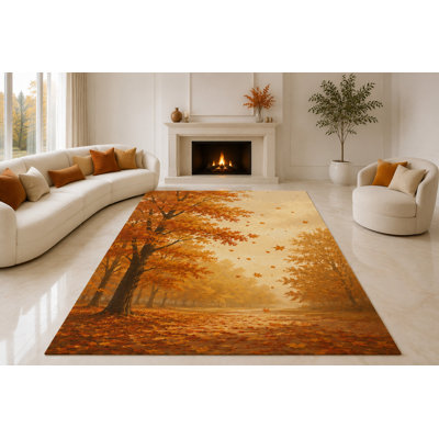 "Ultra Light Weight" Large 6'7" x 9'10" Fall Forest Path Area Rug for Living Room, Bedroom and Home Office, Soft Low Pile Carpet with Non-Slip Silicone Backing, Amber and Rust