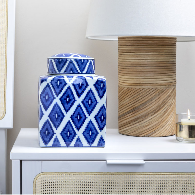 Blue and White Ceramic Diamond Pattern Ginger Jar with Lid