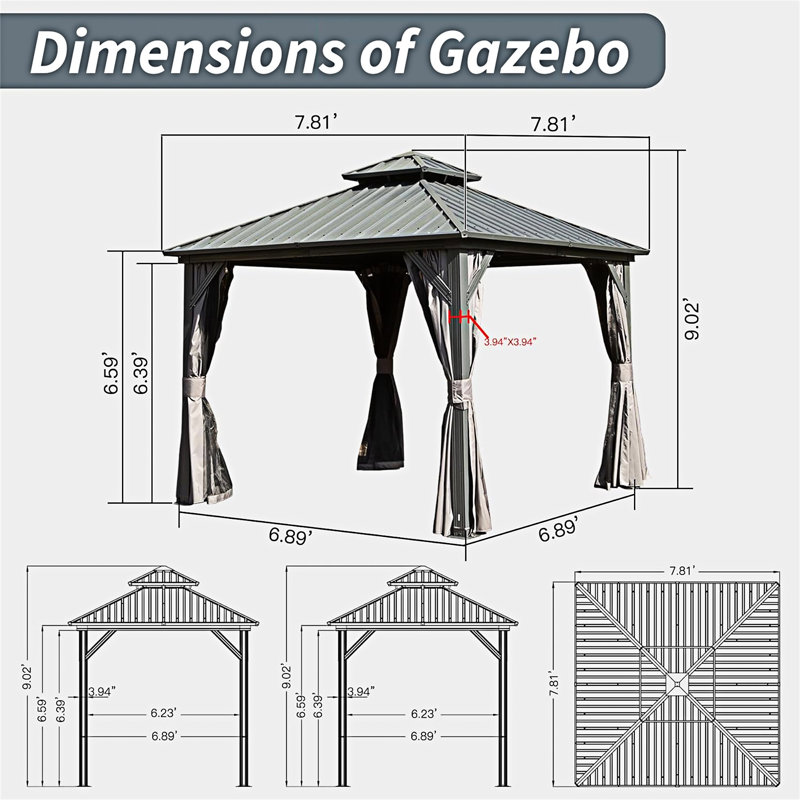 Aluminum Metal Gazebo With Galvanized Steel Double Roof Canopy, Curtain And Netting, Permanent Gazebo Pavilion  Patio, Backyard, Deck, Lawn,