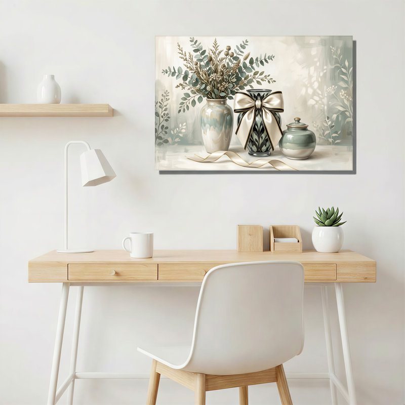 Eucalyptus séché et vases décorés de rubans, tableau sur toile vert crème, H 32 po x l 48 po