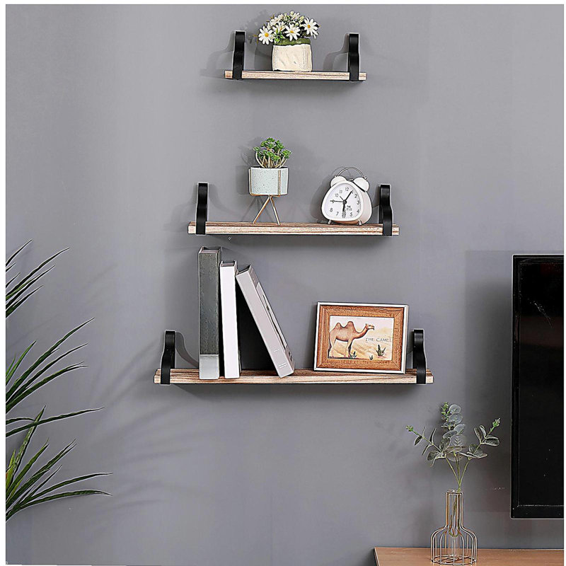 Floating Shelves, Long Wall Shelves Set of 3, Wall Mounted Shelves with Brackets for Bedroom, Living Room, Kitchen, Bathroom – Natural Wood