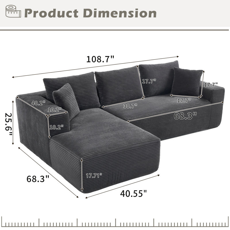 Canapé modulaire modulaire en L avec mousse à mémoire de forme et méridienne surdimensionnée pour plus de confort et d'espace