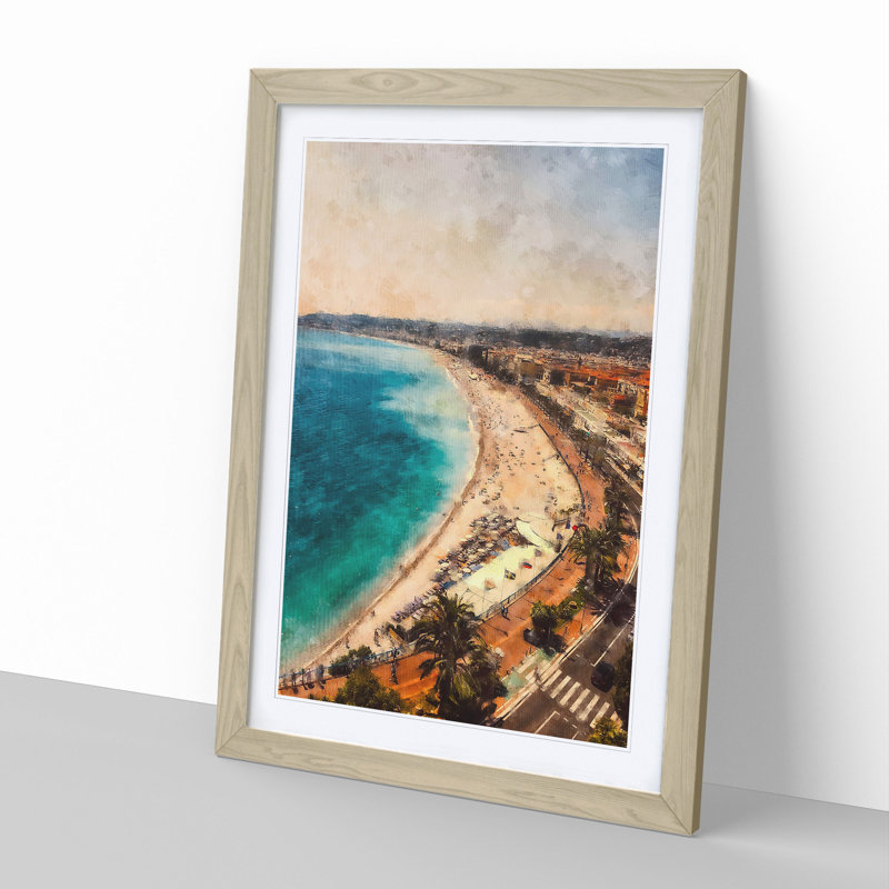 Beach View in Nice France - Picture Frame Painting, 36cm H x 27cm W x 2cm D, Oak Framed