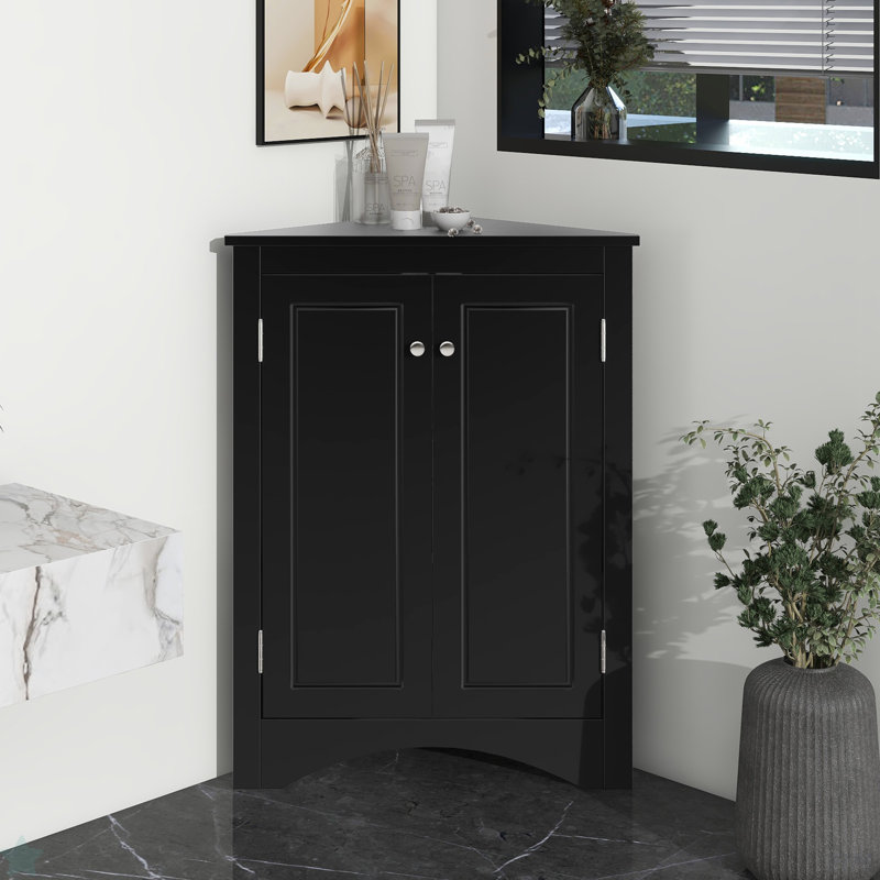 Triangle Bathroom Storage Cabinet With Adjustable Shelves, Freestanding Floor Cabinet For Home Kitchen, Black