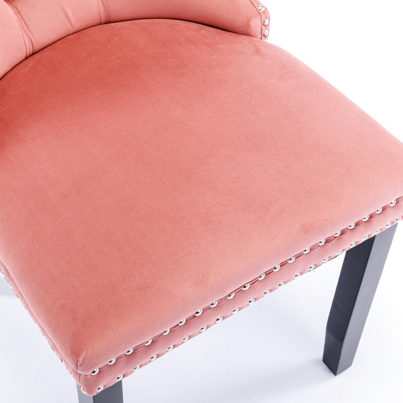 Chaise de salle à manger moderne avec pieds en bois massif et revêtement en velours rose, Rose, Noir