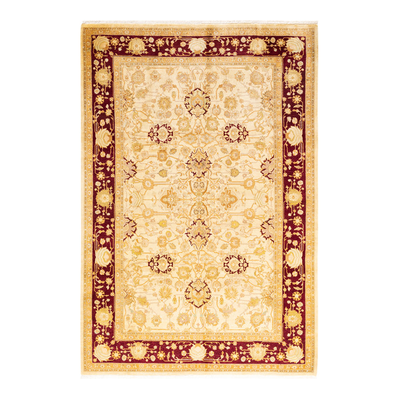 Tapis unique noué à la main ivoire 6 pi 2 po x 9 pi 1 po Tishie