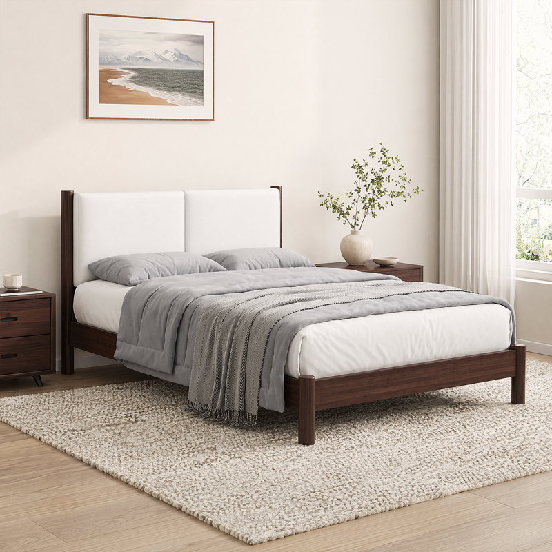 Structure de lit plateforme en bois massif avec tête de lit tapissier - parfaite pour les chambres à coucher modernes et scandinaves
