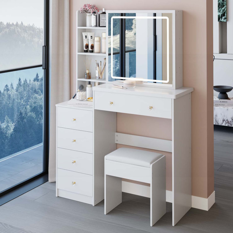 Versatile Bedside Cabinet with Advanced LED Mirror and Abundant Storage, White