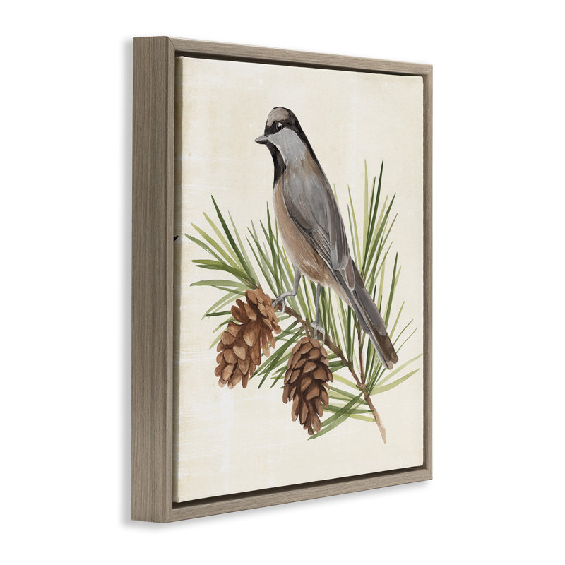Oiseau sur pin, H 18 po x l 18 po, Cadre flottant orme Montalcino