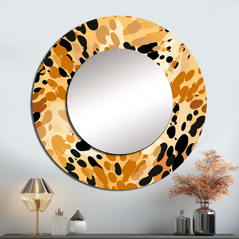 Orange et noir imprimé léopard aventure - miroir imprimé animal, miroir mural rond unique moderne, art imprimé en métal