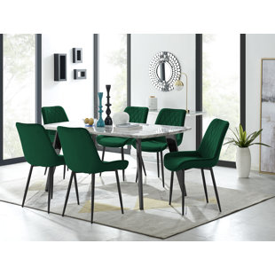 Anders Modern High Gloss Marble Effect Dining Table Set with 6 Luxury Velvet Dining Chairs