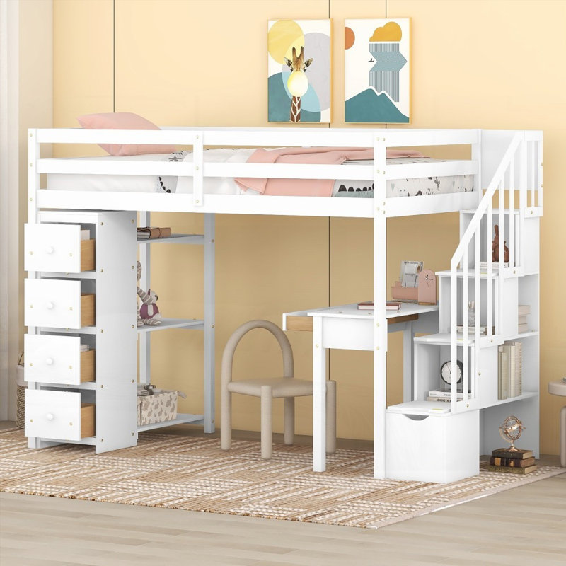 Lit mezzanine simple avec rangement - aucun sommier nécessaire, robuste et amp; Spacieux, Blanc