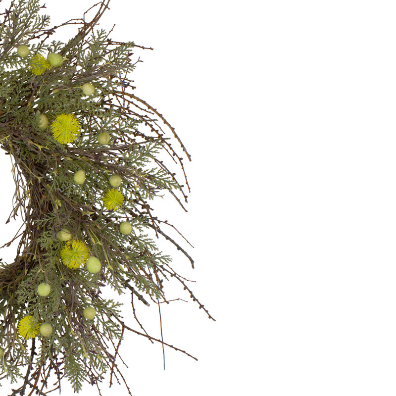 Couronne de brindilles artificielles Burrs and Craspedia - jaune et vert - 20 po