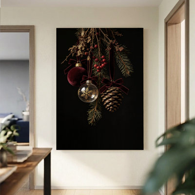 Luxury Christmas Ornament Canvas Wall Art, Velvet and Glass Baubles on Pine Branch, Realistic Holiday Decor Framed Print for Living Room, Home