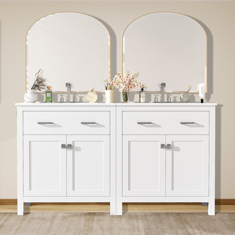 Ensemble de meuble-lavabo moderne 60 po avec double meuble-lavabo séparé et tiroir rabattable, Blanc