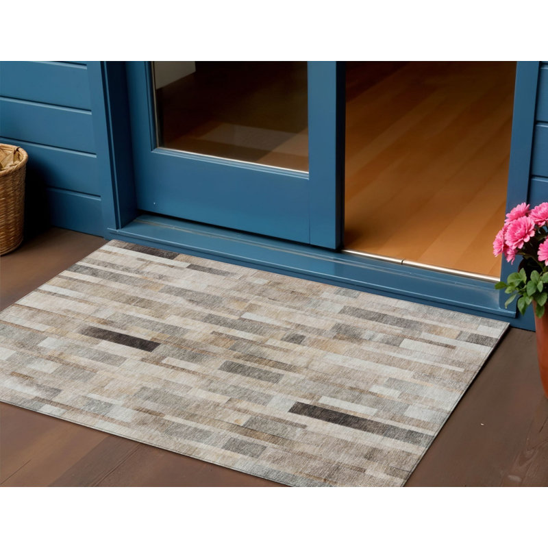 Tapis extérieur lavable rayé taupe et gris 3 pi x 5 pi