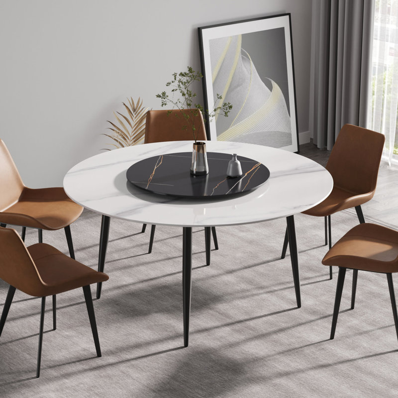 Table de salle à manger 58,71 "avec plateau en pierre artificielle - cadre en métal noir 6 places 31,5" tourne-disque statique statique moderne