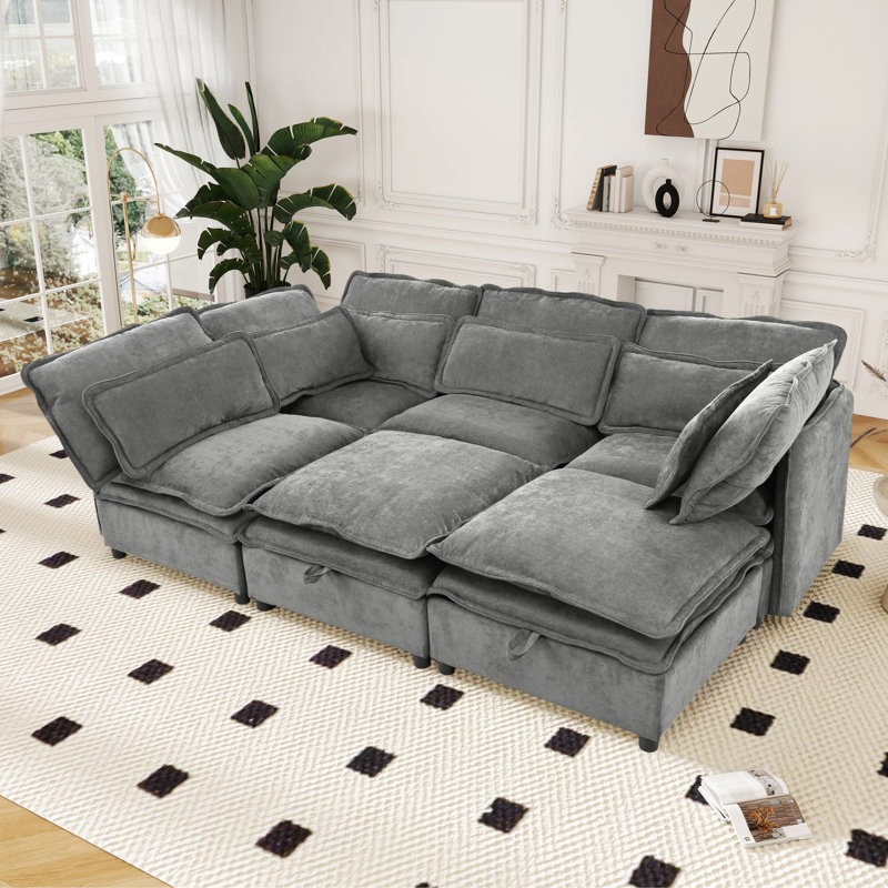 Elysara Modular Sleeper Sofa Convertible Sectional, Gray Polyester Blend, 32" H x 124.4" W x 63" D