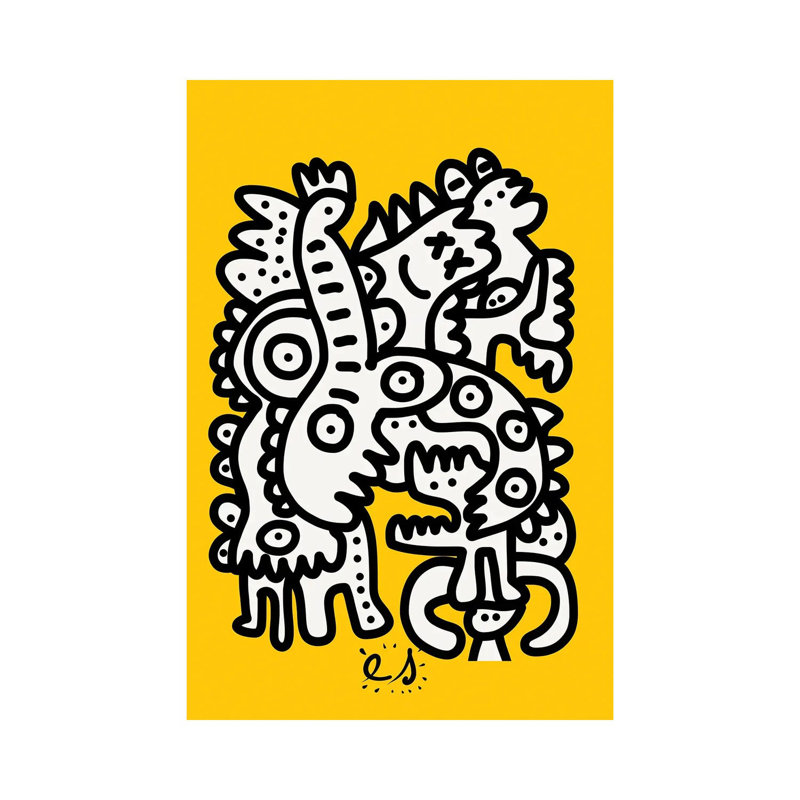 Black And White Graffiti Creatures On Yellow by Emmanuel Signorino - No Frame Print on Plastic / Acrylic