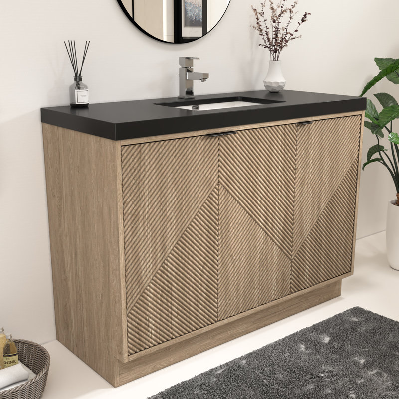 Monterey 47.2" Inch Freestanding Bathroom Vanity + Reinforced Black Acrylic Sink, Light Brown