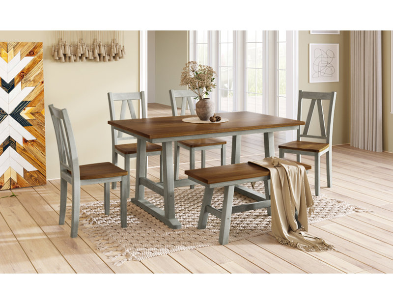 Ensemble de table de salle à manger en bois 6 pièces avec long banc et 4 chaises de style campagnard, Brun / Gris