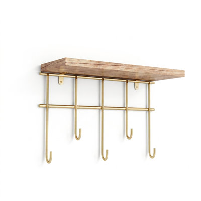 Modern Solid Wood Wall Shelf with Hooks