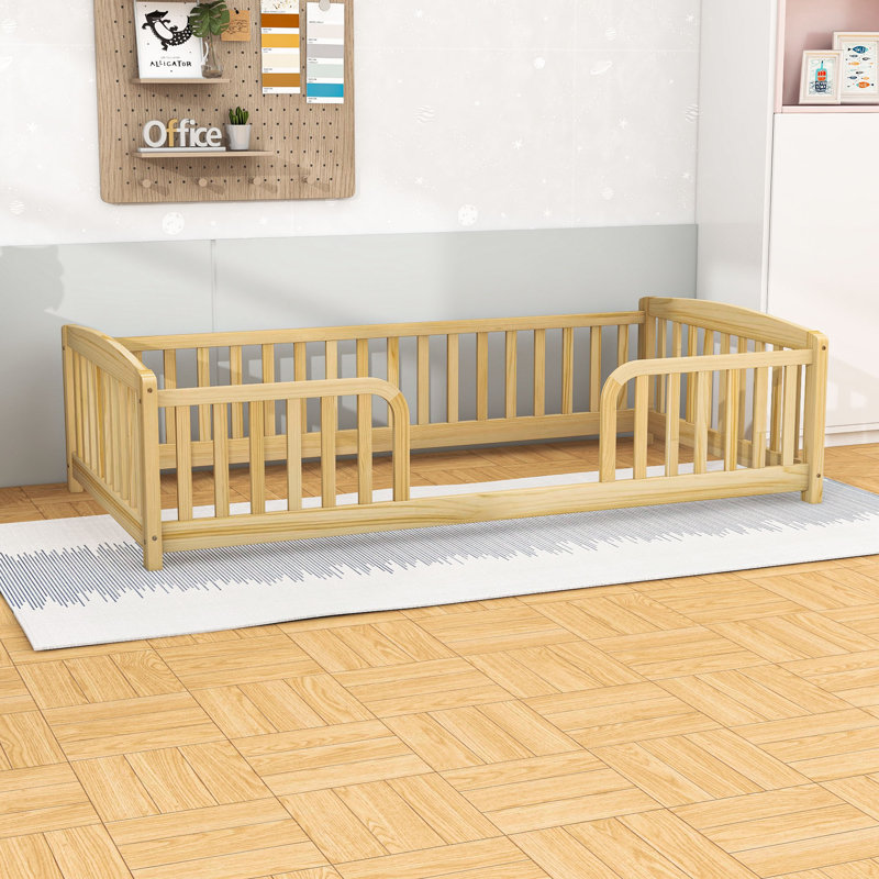 Lit en bois avec garde-corps, Naturel, Lit simple