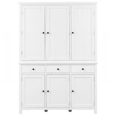 Farmhouse 74.8" Tall Freestanding Kitchen Pantry – 53" L x 20" W Large Cupboard Storage Cabinet – with Door Shelves, Adjustable Shelves, Pull-Out Trays and Drawers, White