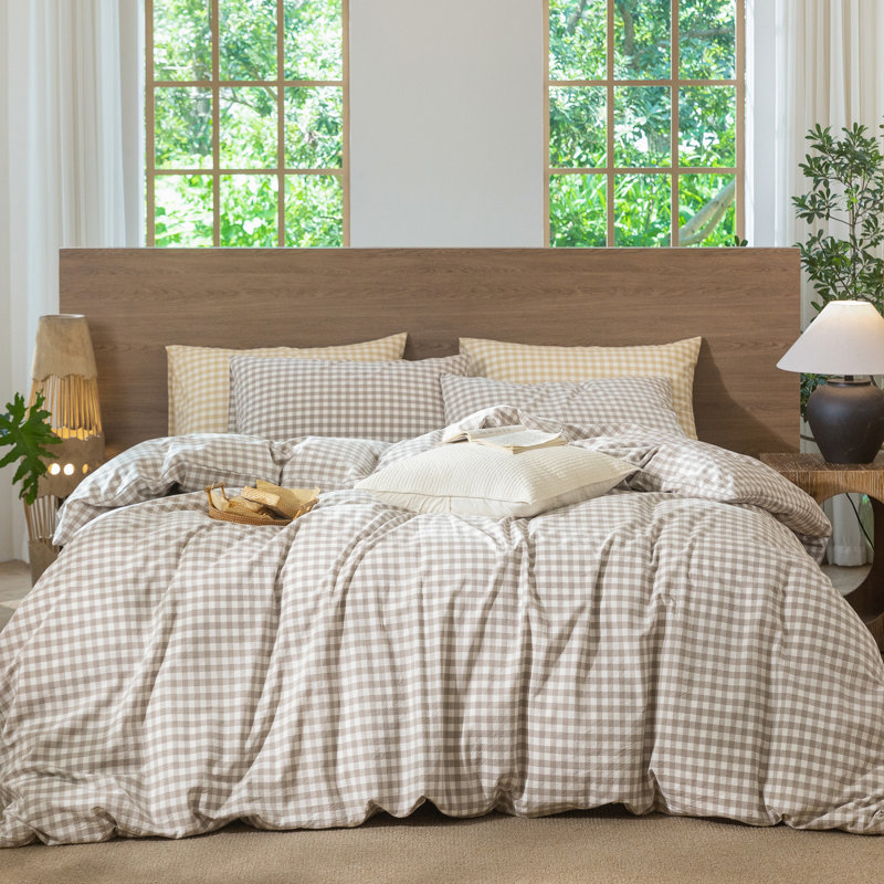 MooMee Gingham Duvet Cover Set 100% Washed Cotton Linen Like Lightweight, Tannish Linen Gray