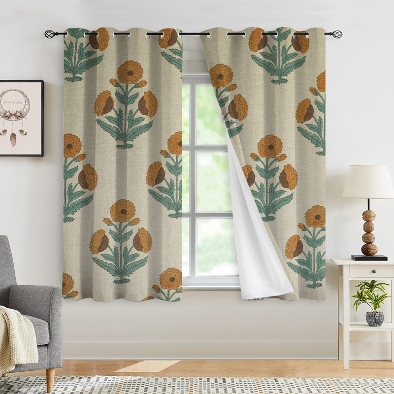 Elegant Eyelet Curtains Handmade Block Print Drapes Thick Linen- Badshah, 24" W x 54" L