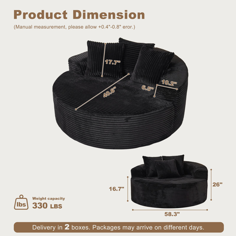 Chaise longue ronde rembourrée de 58,3 po, Noir