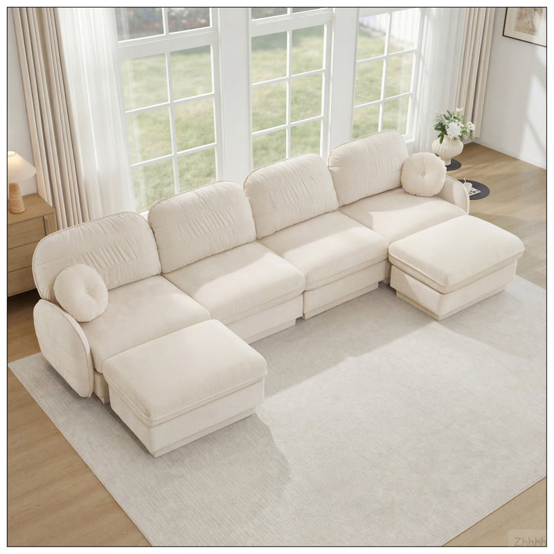 137" Oversize Chenille U-Shaped Sofa,Deep Seat Sofa Couch with Movable Ottoman,Exquisite round pillows and quilted back cushions,Recessed Base Frame Legs,Easy Assembly,Fits Living Room,Light coffee