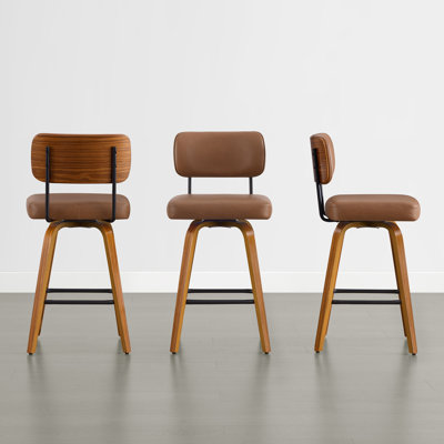Tabouret de comptoir pivotant rembourré avec structure en bois cintré noyer