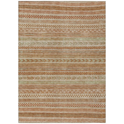 5' X 8' Terra Cotta And Rust Striped Washable Indoor Outdoor Area Rug