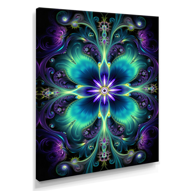 Turquoise néon fractal fleurs I - Boho Mandala Wall Art, Toile tendue, H 44 po x l 34 po x P 1,5 po