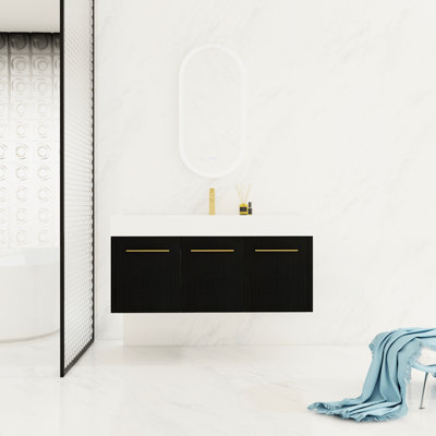 Meuble-lavabo de salle de bain avec lavabo mural 48 po. Châtaignier noir. Bassin en résine épaisse, charnières lisses, meuble-lavabo en contreplaqué, ton de châtaignier de 48 po, unité