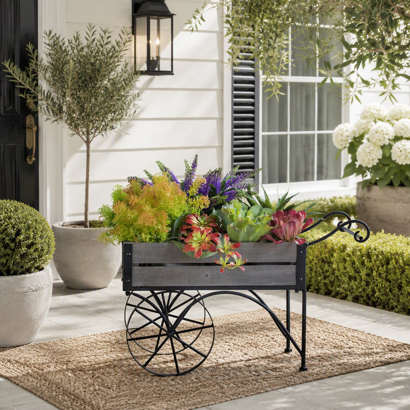 Chariot rustique avec support et jardinière, dimensions : 24,4 x 12,6 x 15,4 pouces