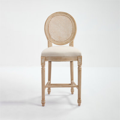 French Country 26'' Height Bar Chairs Set of 2, Upholstered Chairs with Rattan Round Back, Wire drawing and carving techniques, for Living Room, Kitchen, Restaurant Use, Beige
